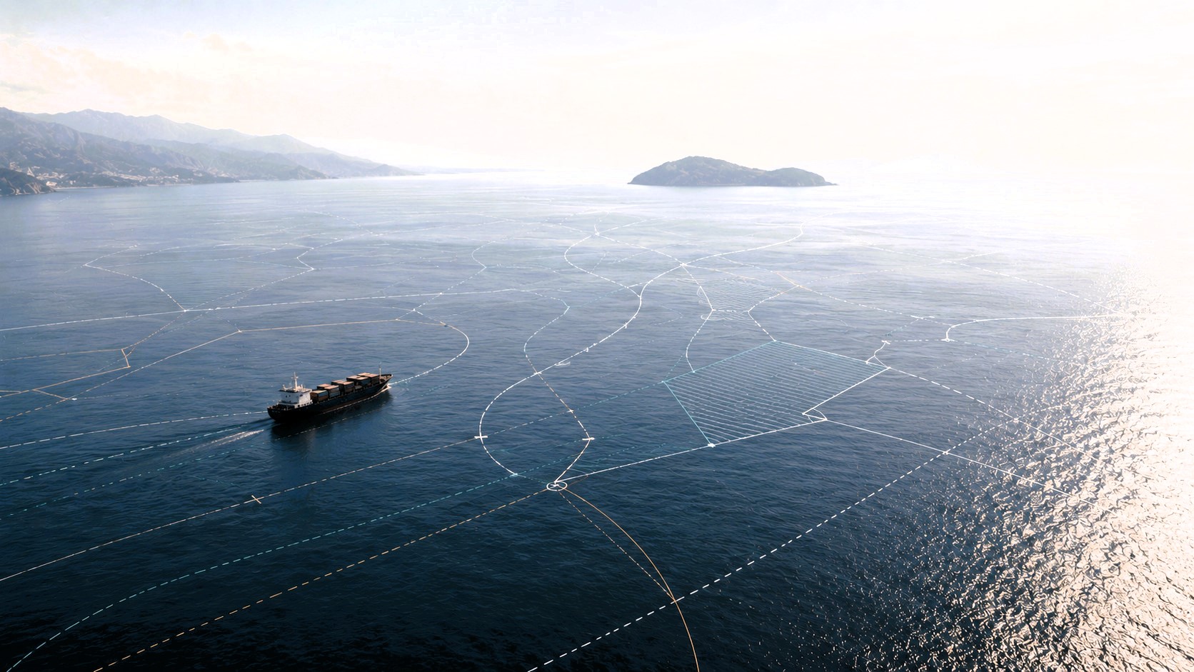 Wide aerial view of a calm Mediterranean seascape with a solitary cargo vessel and subtle geometric maritime route overlays