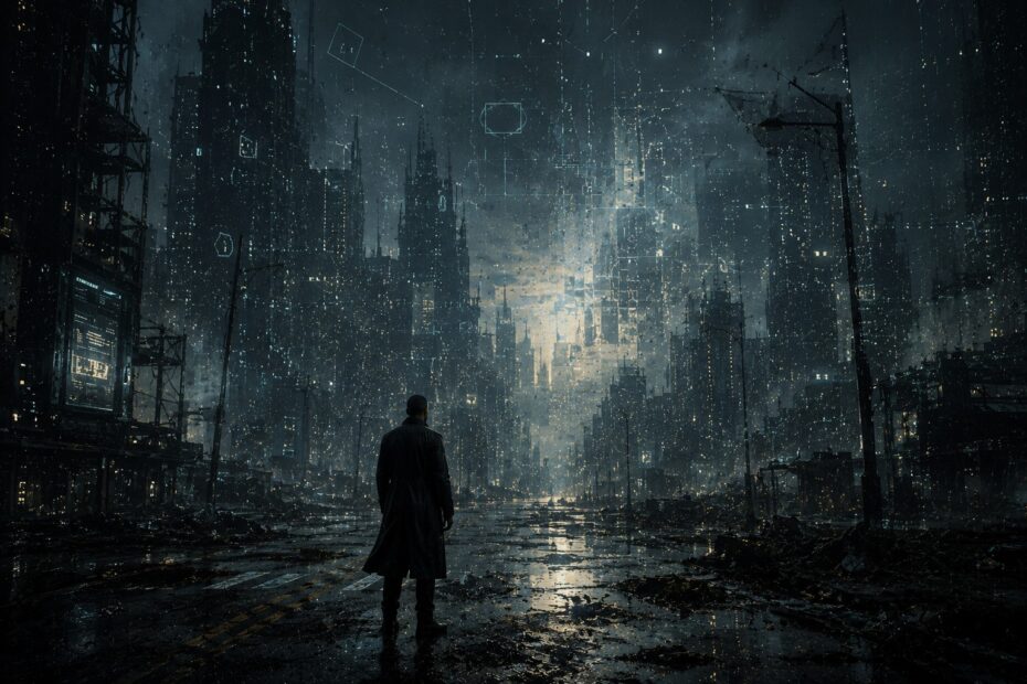 Makono walks away as the futuristic city of Sundora de-renders into fragmented geometric voids beneath a pale sky
