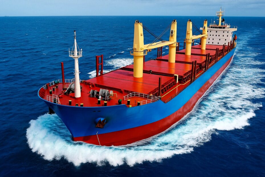 A large dry bulk cargo vessel sailing at speed across open blue sea, leaving a foamy wake, viewed from an elevated angl