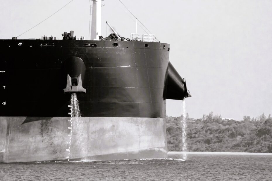 Black-and-white close-up of a large dry bulk vessel’s bow moving through calm waters, with ballast water discharging from both sides