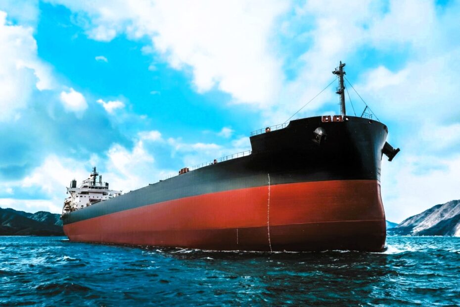 Large bulk carrier vessel sailing on open water under a partly cloudy sky, viewed from a low angle near the bow
