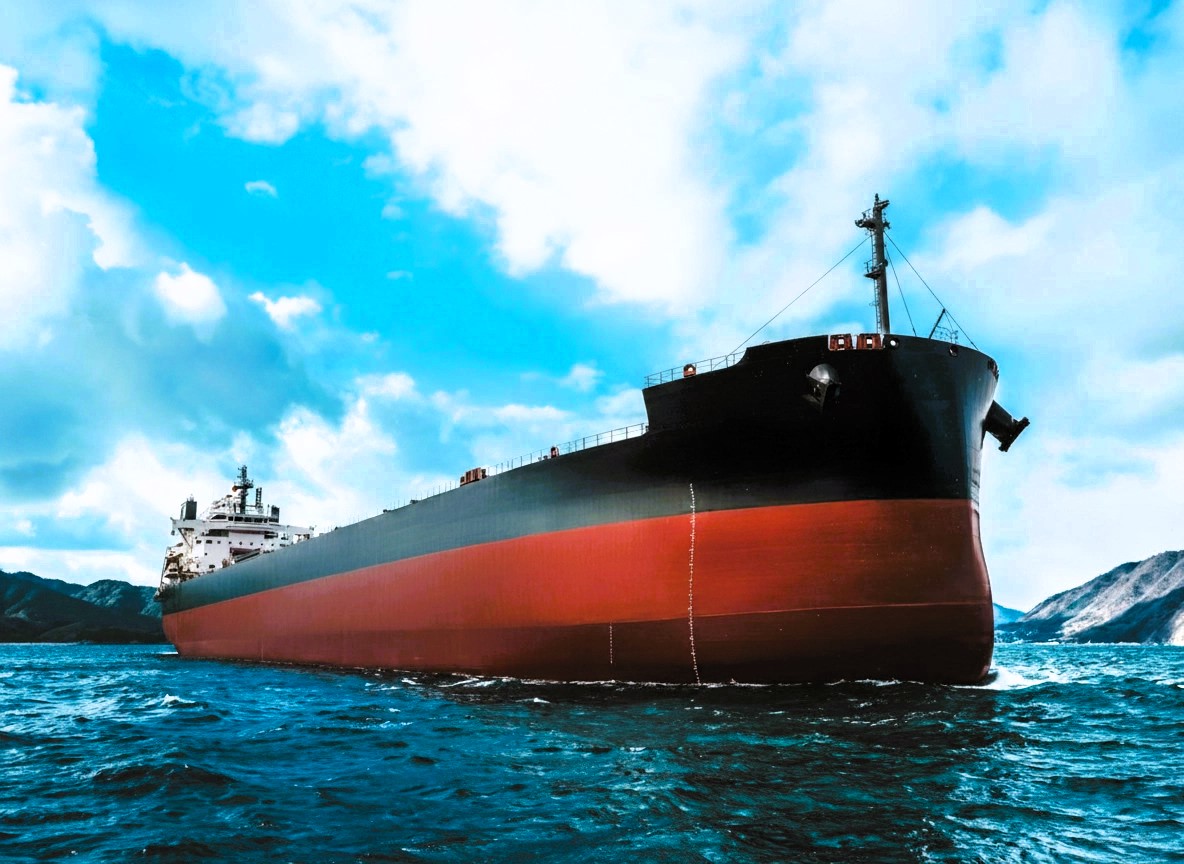 Large bulk carrier vessel sailing on open water under a partly cloudy sky, viewed from a low angle near the bow