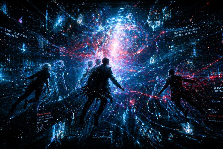 hree figures suspended inside an abstract digital consciousness, surrounded by shifting light, overlapping realities, and subtle system interface elements