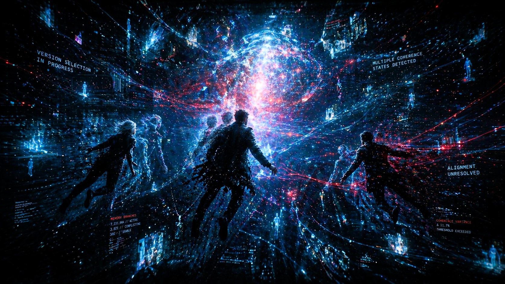 hree figures suspended inside an abstract digital consciousness, surrounded by shifting light, overlapping realities, and subtle system interface elements
