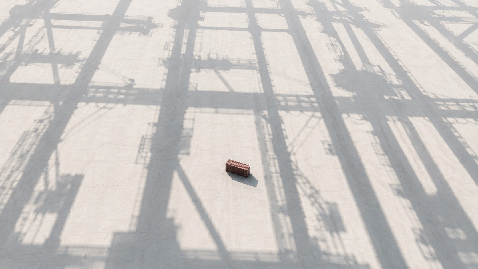 Minimalist aerial industrial landscape with geometric infrastructure shadows surrounding an isolated container, symbolising structural imbalance in global shipping networks