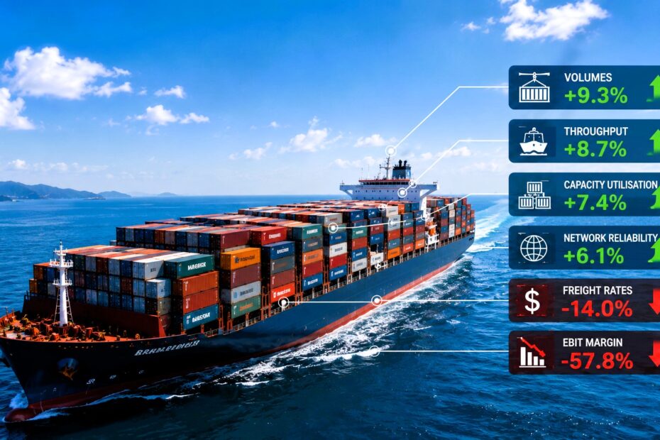 Large container ship sailing in bright daylight with operational shipping metrics displayed beside it, showing rising volumes and declining freight rates