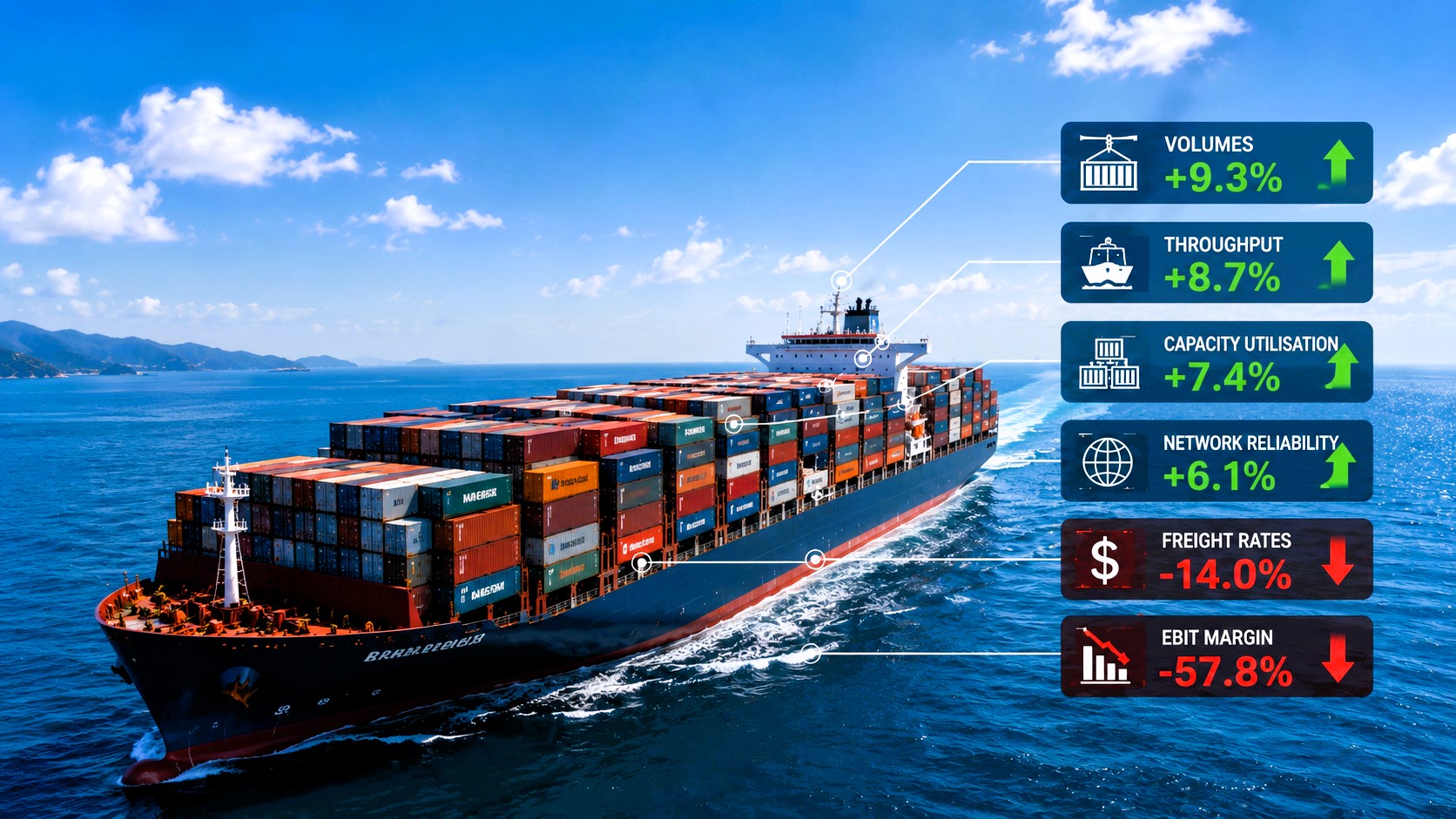 Large container ship sailing in bright daylight with operational shipping metrics displayed beside it, showing rising volumes and declining freight rates