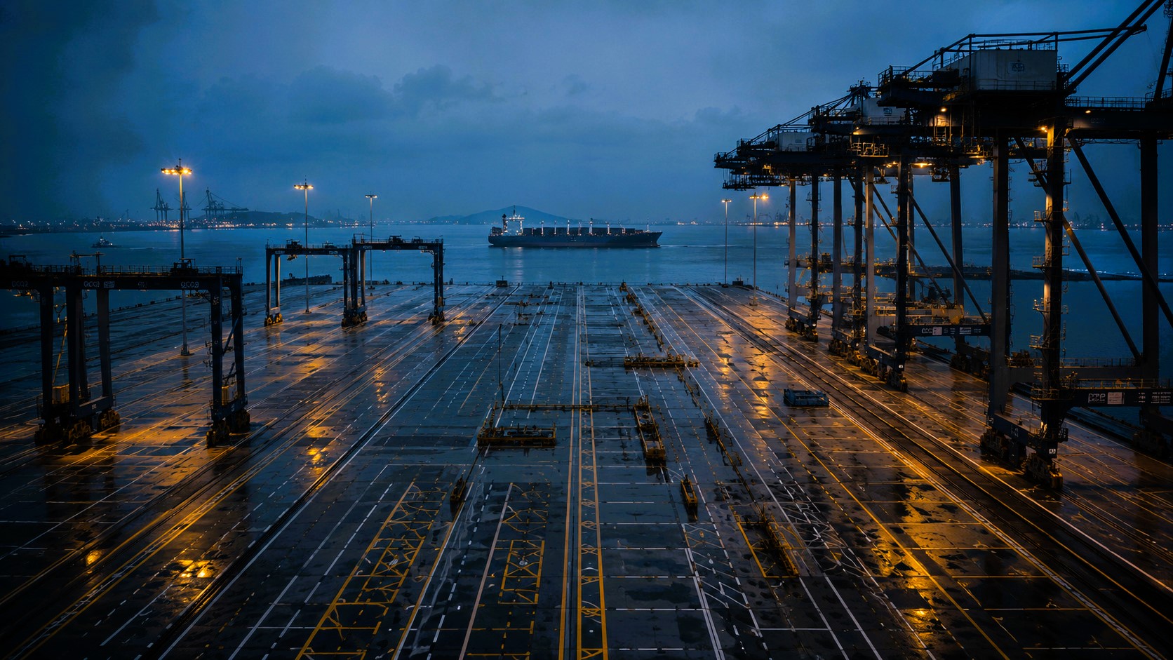 Empty automated container terminal at dusk with towering cranes, reflective concrete lanes and a distant cargo vessel on the horizon