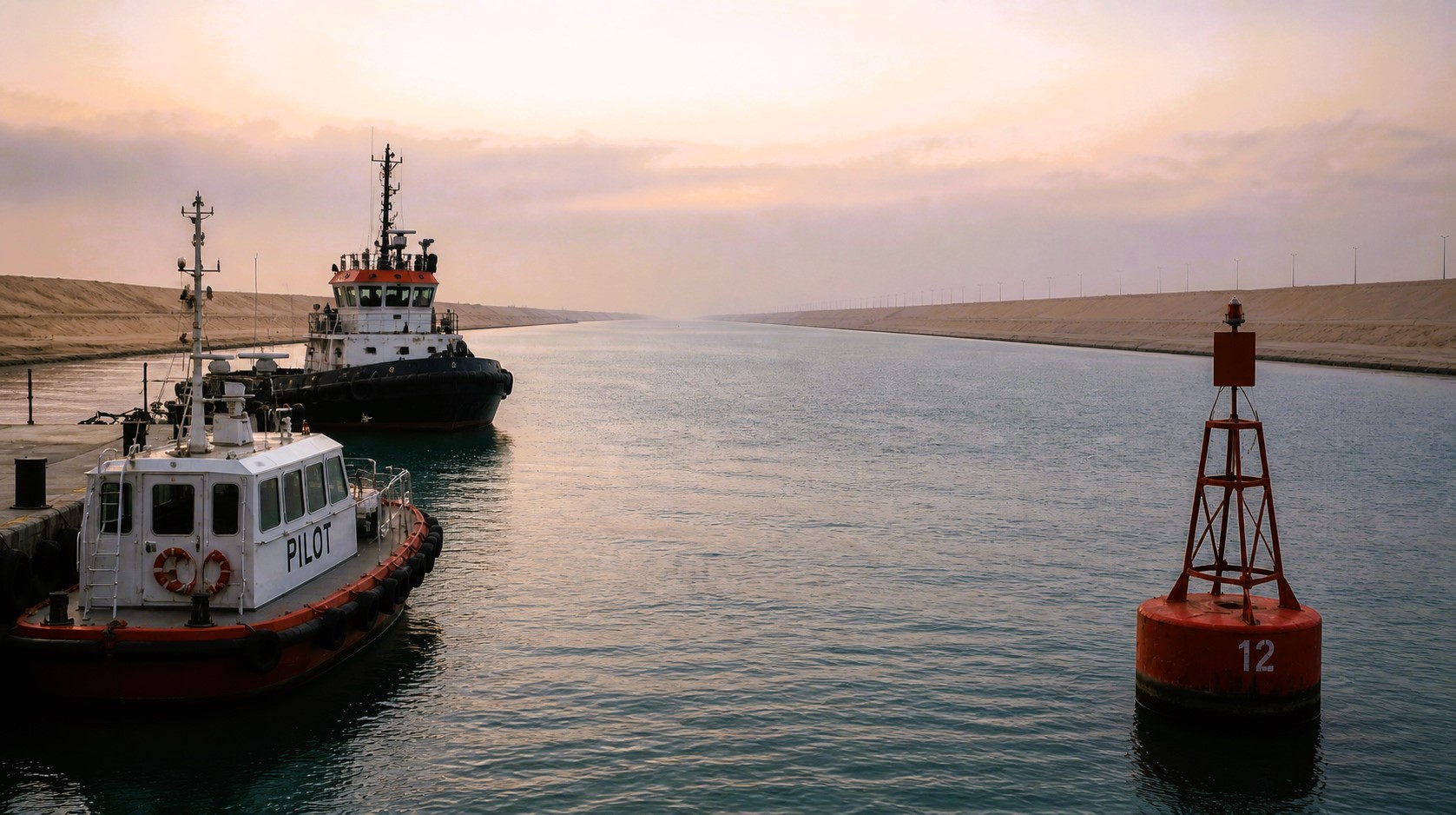 Pilot boat, tug, and buoy in a quiet Suez Canal scene with no passing ships and empty waterway stretching ahead