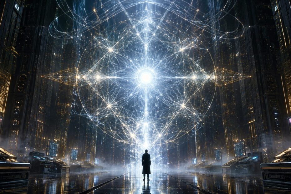 A colossal underground chamber illuminated by a luminous neural lattice while a solitary figure faces the emerging Oracl