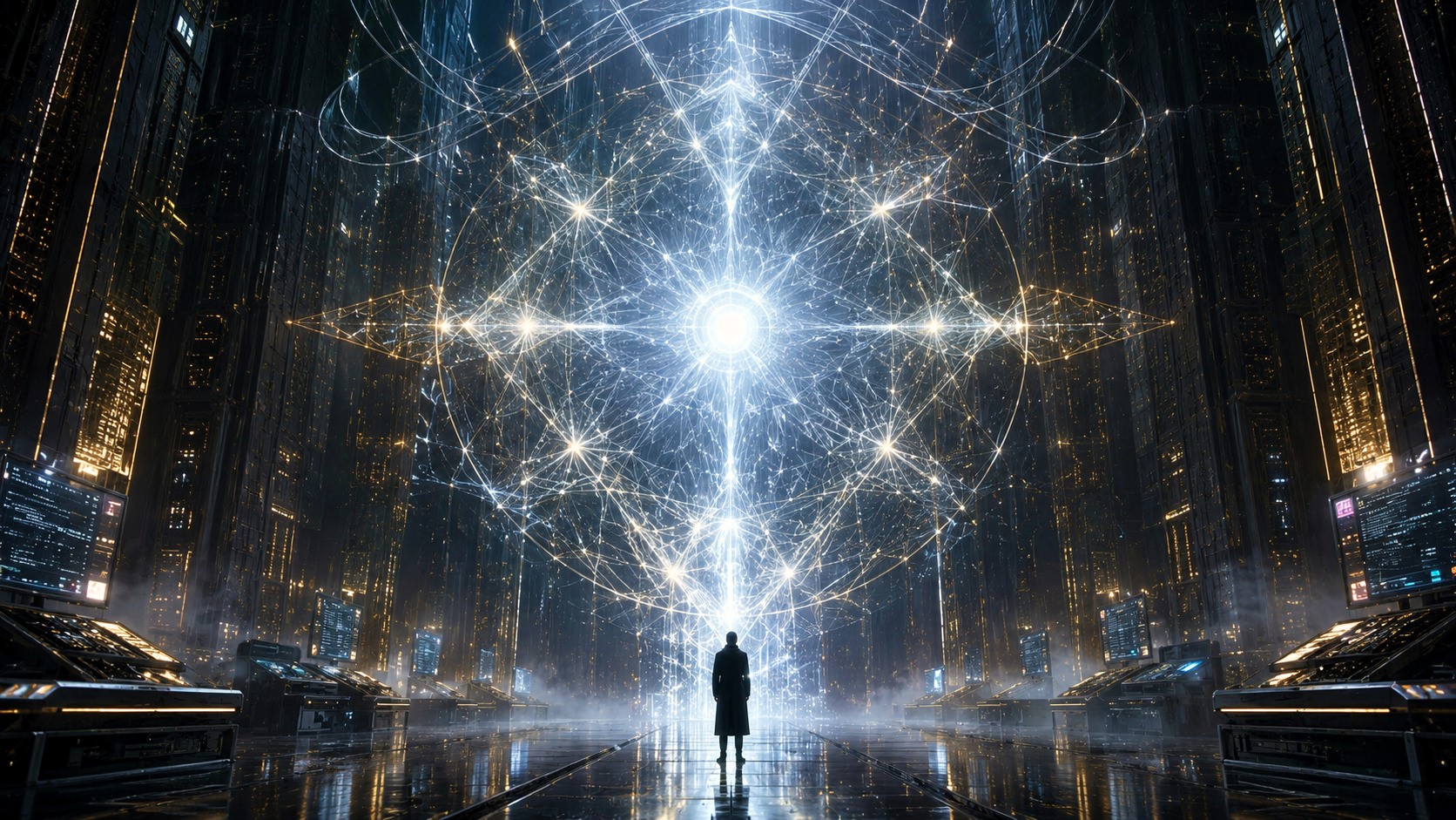 A colossal underground chamber illuminated by a luminous neural lattice while a solitary figure faces the emerging Oracl