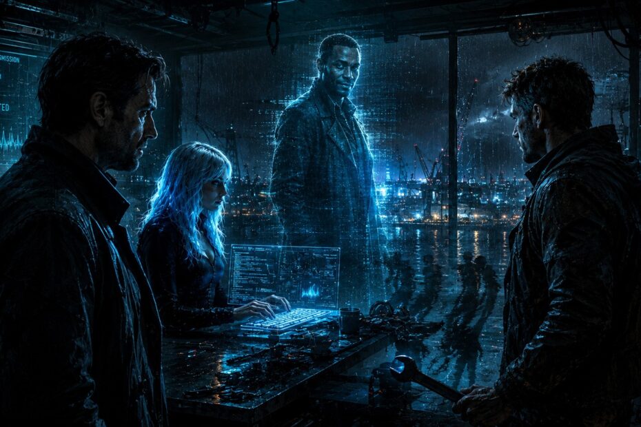 Makono Jahlé appears as a holographic projection inside a rain-soaked cyberpunk harbor workshop beside Dreis, Nyra, and Kaal