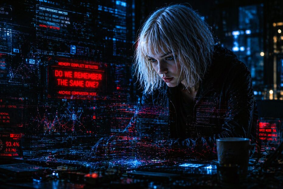 Nyra inside a dark cyberpunk workshop surrounded by holographic code fragments and glowing neural architecture interfaces