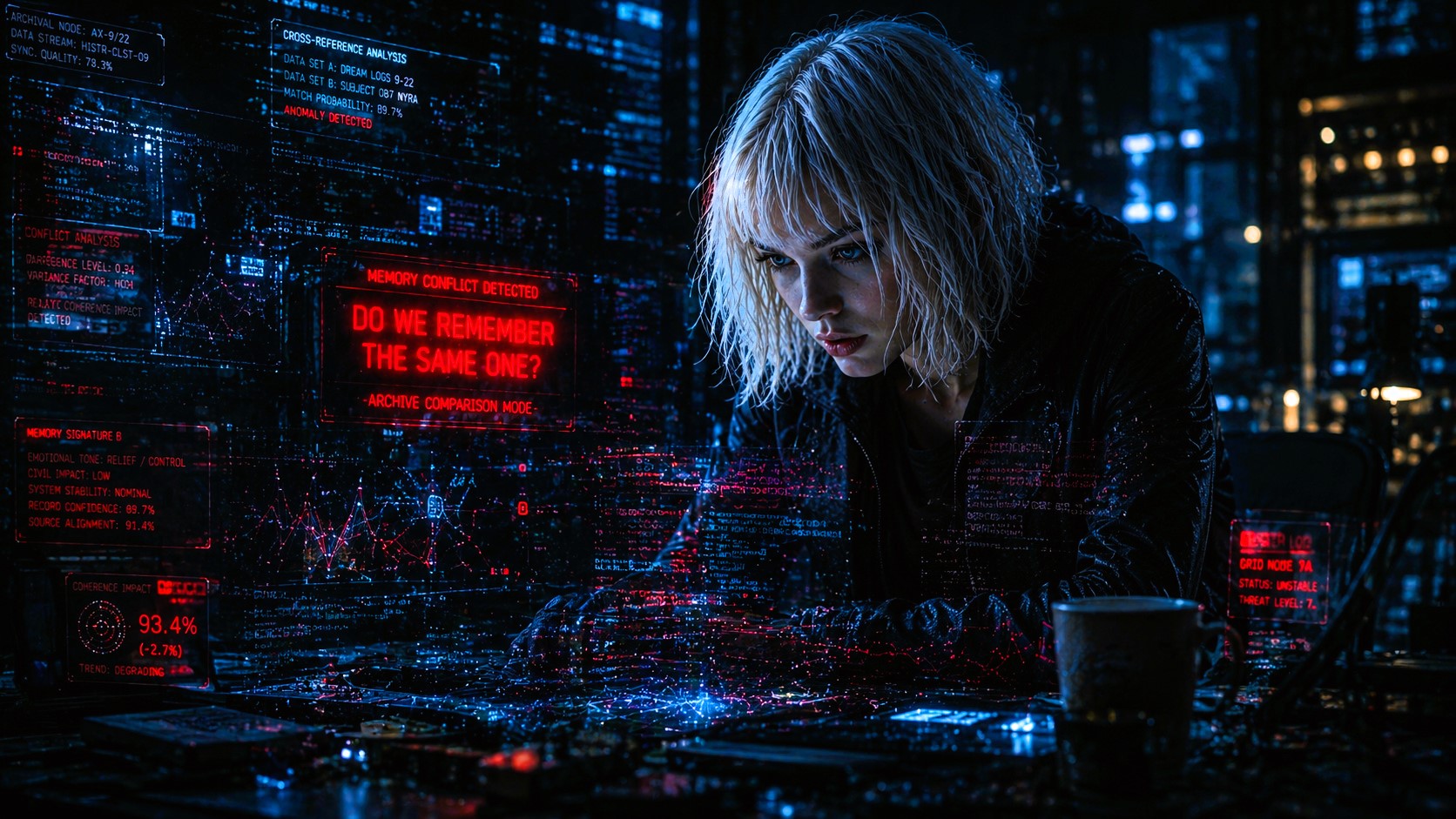 Nyra inside a dark cyberpunk workshop surrounded by holographic code fragments and glowing neural architecture interfaces