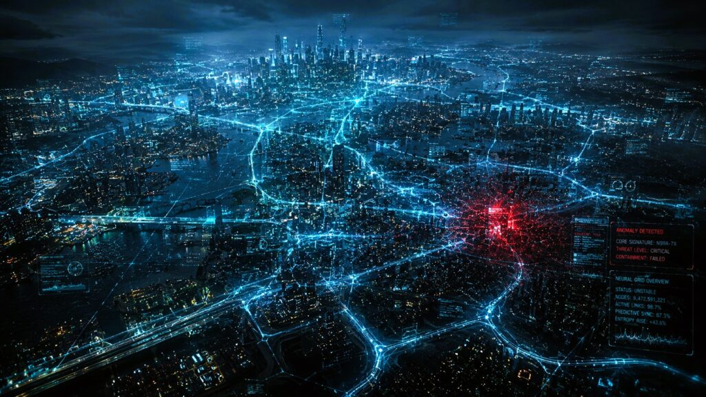 A vast futuristic metropolis at night visualized as a glowing neural network with spreading digital corruption zones