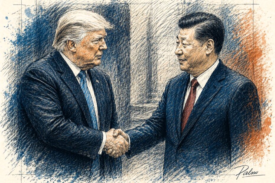 Editorial-style sketch illustration of Donald Trump and Xi Jinping shaking hands in muted GeoTrends-inspired blue and rust tones