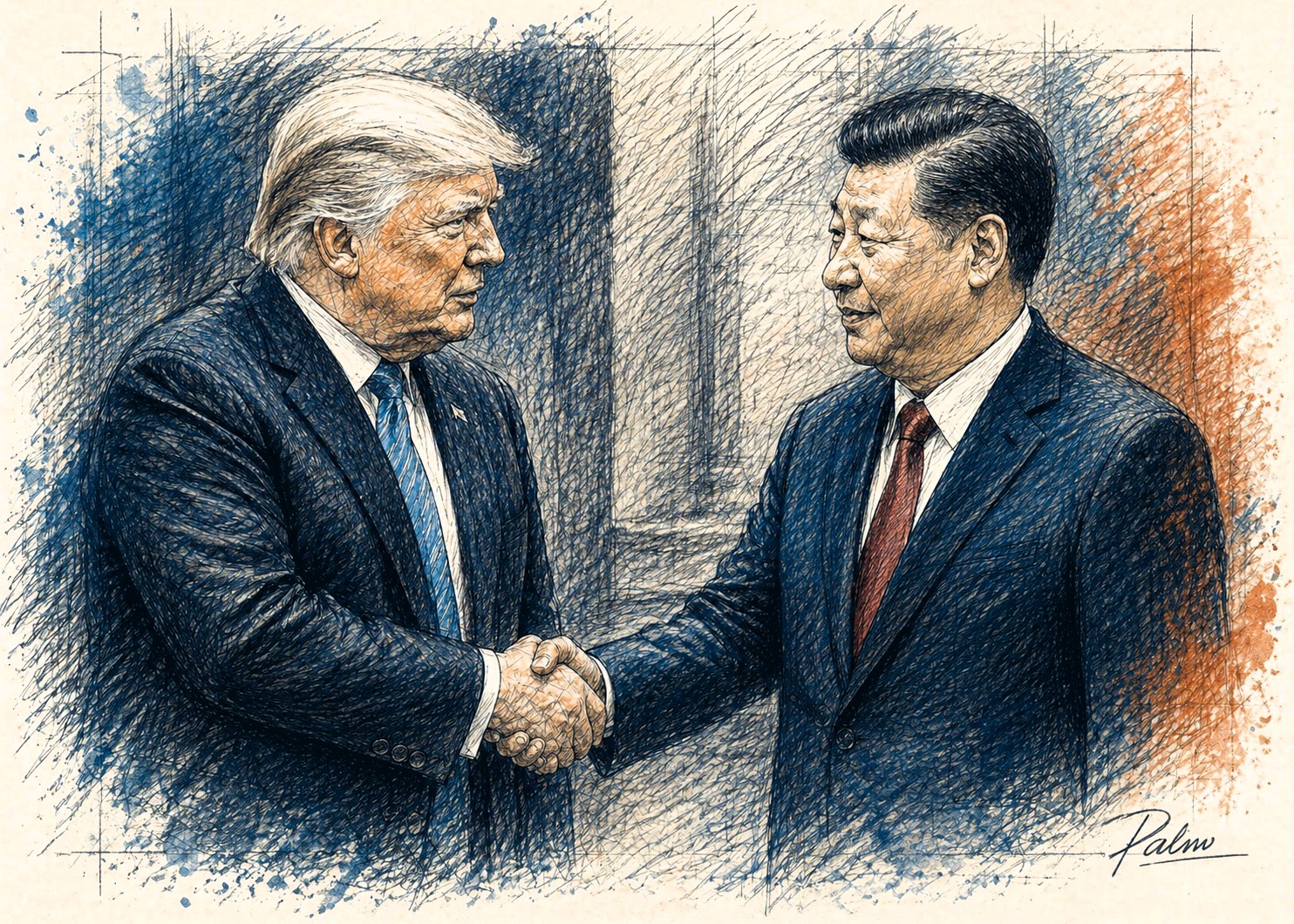 Editorial-style sketch illustration of Donald Trump and Xi Jinping shaking hands in muted GeoTrends-inspired blue and rust tones