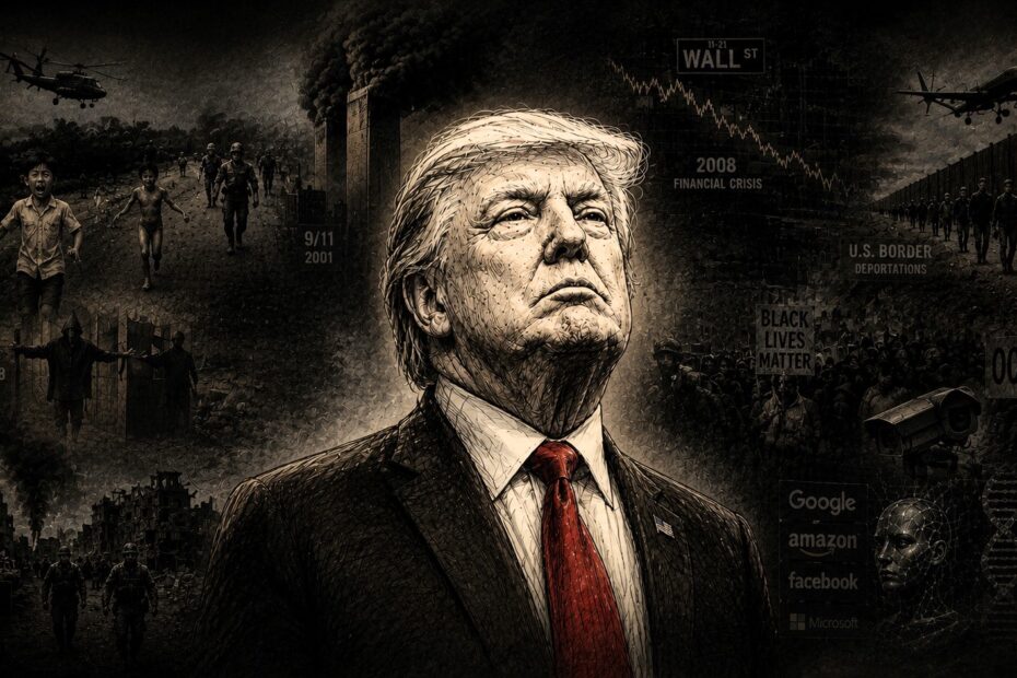 Dark horizontal geopolitical illustration featuring a sketch-style Donald Trump emerging from a shadowy collage of war, surveillance, protest, borders, financial crisis, and technological imagery