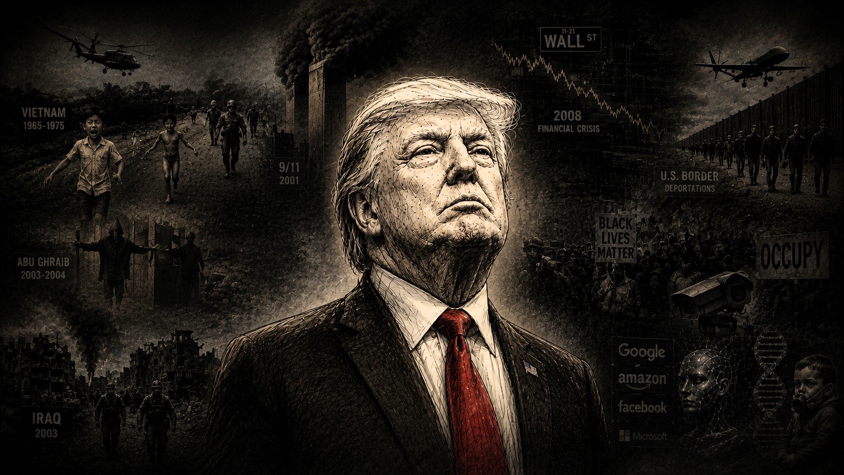 Dark horizontal geopolitical illustration featuring a sketch-style Donald Trump emerging from a shadowy collage of war, surveillance, protest, borders, financial crisis, and technological imagery