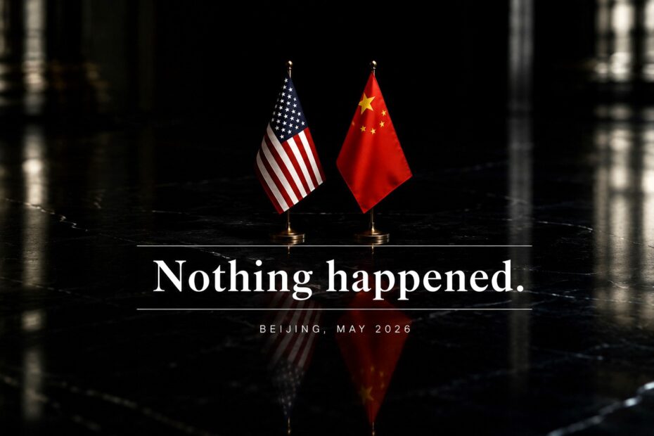Minimalist editorial image featuring U.S. and Chinese desk flags on a glossy black surface beneath the phrase “Nothing happened.”
