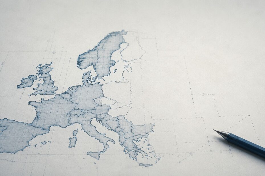 Minimalist horizontal illustration of a blueprint-style map of Europe on drafting paper, with a mechanical pencil resting beside an incomplete design