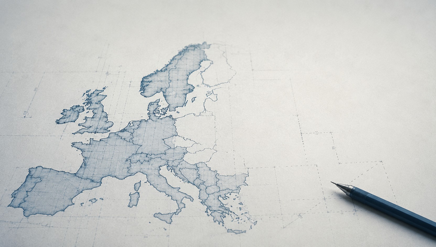 Minimalist horizontal illustration of a blueprint-style map of Europe on drafting paper, with a mechanical pencil resting beside an incomplete design
