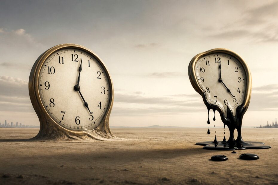 Two melting clocks in a sparse desert landscape, one more solid and one dripping black oil, representing contrasting oil strategies and timelines