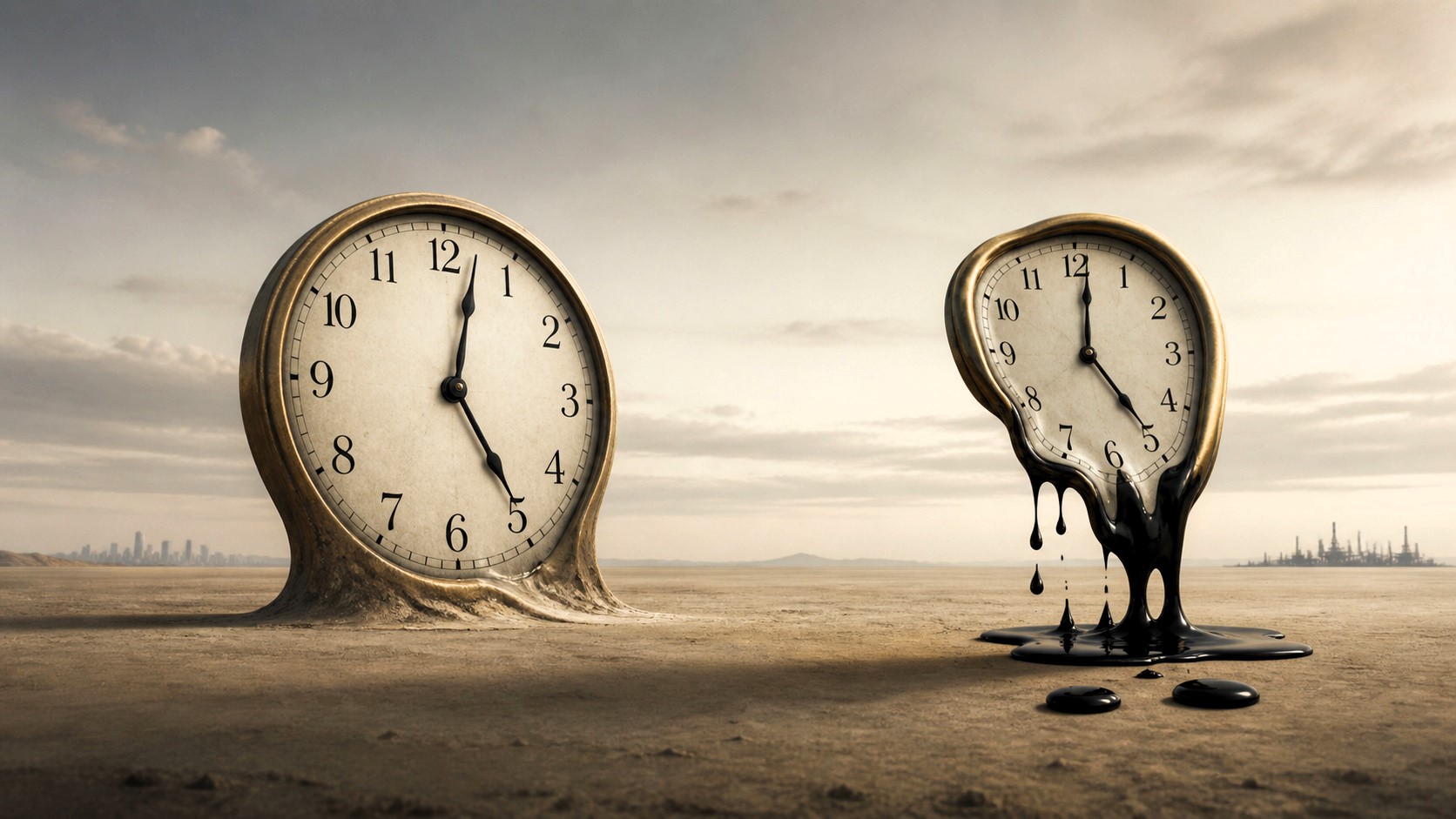 Two melting clocks in a sparse desert landscape, one more solid and one dripping black oil, representing contrasting oil strategies and timelines