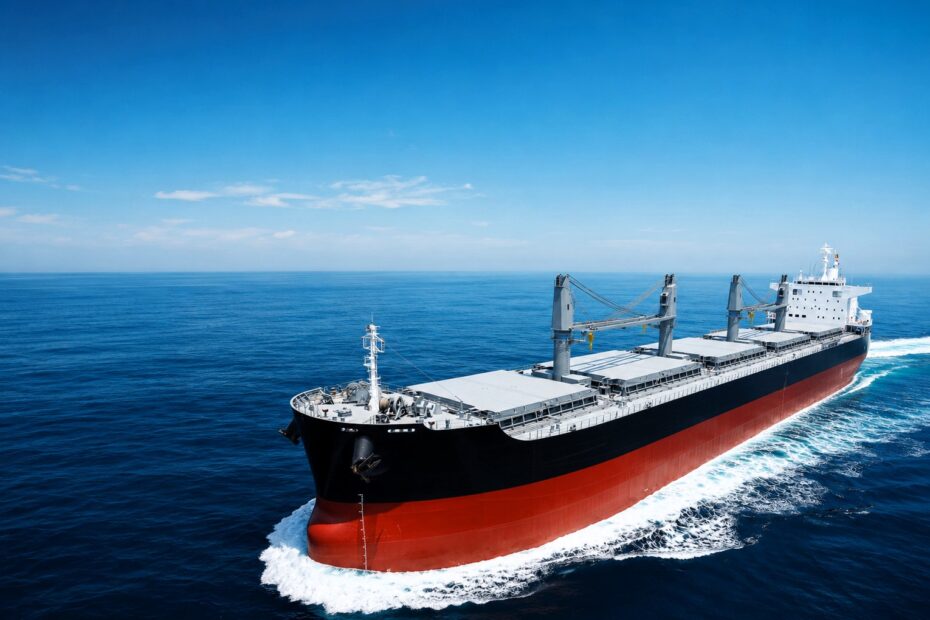 Large bulk carrier sailing across calm open waters under a pale blue sky, leaving a sharp white wake behind it