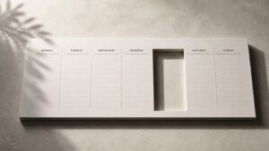 Minimalist weekly calendar on a neutral desk with one day precisely cut out, creating a clean rectangular void with soft shadow