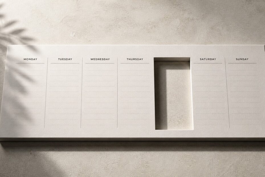Minimalist weekly calendar on a neutral desk with one day precisely cut out, creating a clean rectangular void with soft shadow