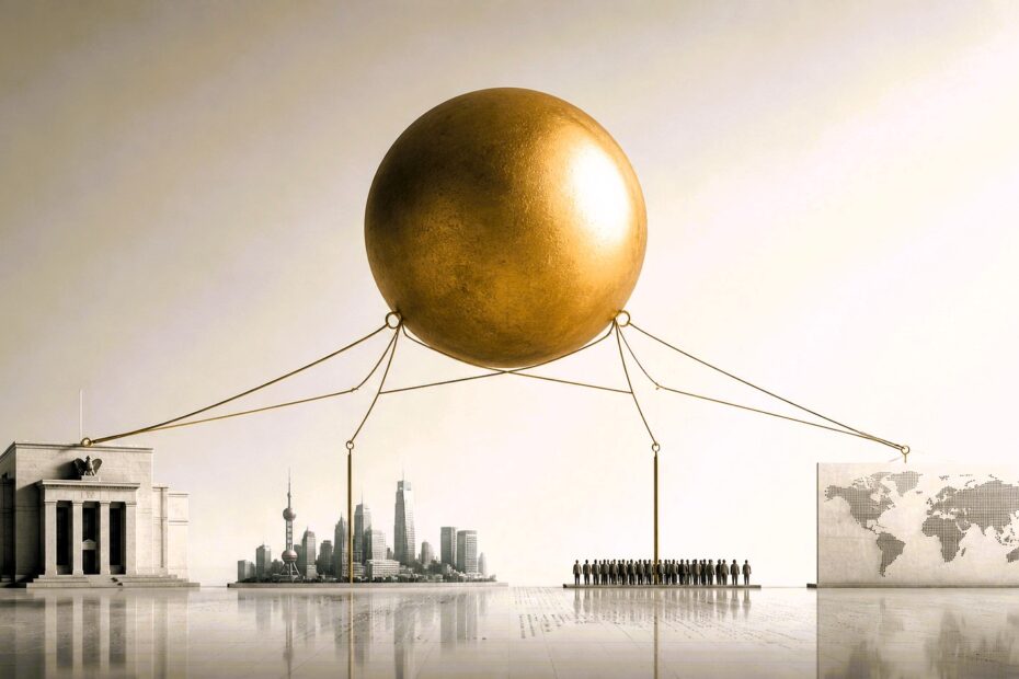 Minimalist illustration of a floating gold sphere supported by abstract structures representing institutions, a city skyline, human figures, and a world map