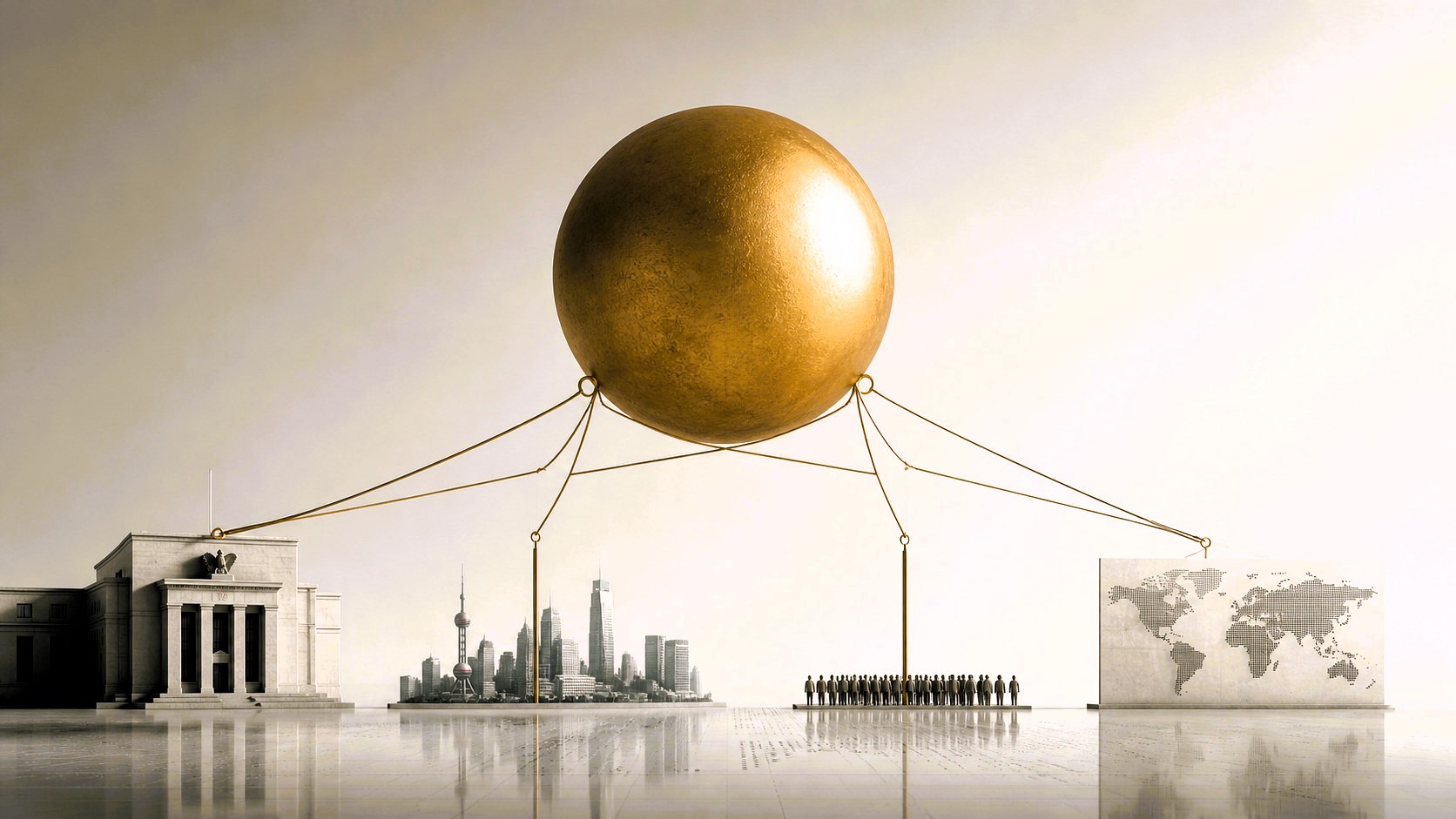 Minimalist illustration of a floating gold sphere supported by abstract structures representing institutions, a city skyline, human figures, and a world map