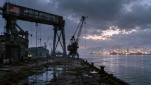 Abandoned American shipyard at dusk, a rusted gantry crane reading “American Shipbuilding, Building Our Future” beneath a U.S. flag, with weeds breaking through cracked concrete in the foreground and brightly lit, working Chinese shipyards visible across the water on the far shore