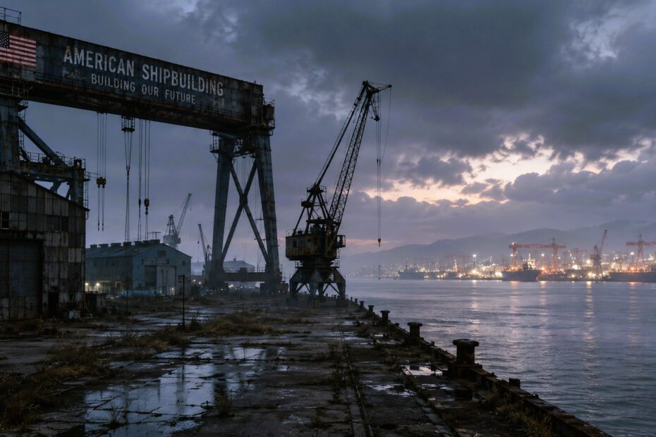 Abandoned American shipyard at dusk, a rusted gantry crane reading “American Shipbuilding, Building Our Future” beneath a U.S. flag, with weeds breaking through cracked concrete in the foreground and brightly lit, working Chinese shipyards visible across the water on the far shore