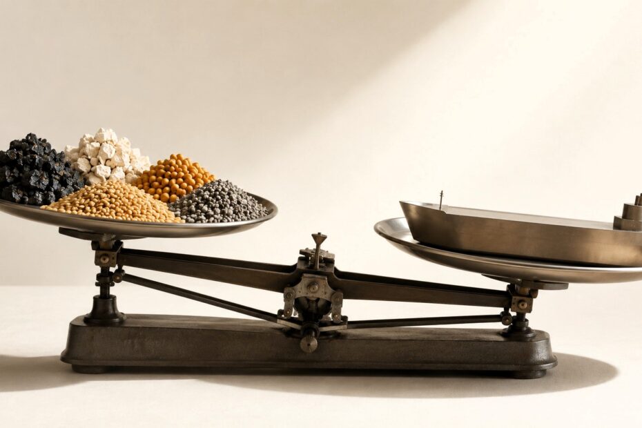 A minimalist editorial image showing a vintage balance scale on a white surface. One side holds distinct piles of nickel ore, bauxite, soybeans, wheat and clinker, while the other supports an abstract metallic dry bulk vessel. The scale tilts slightly toward the vessel side. Soft natural light, clean background and Monocle-style composition