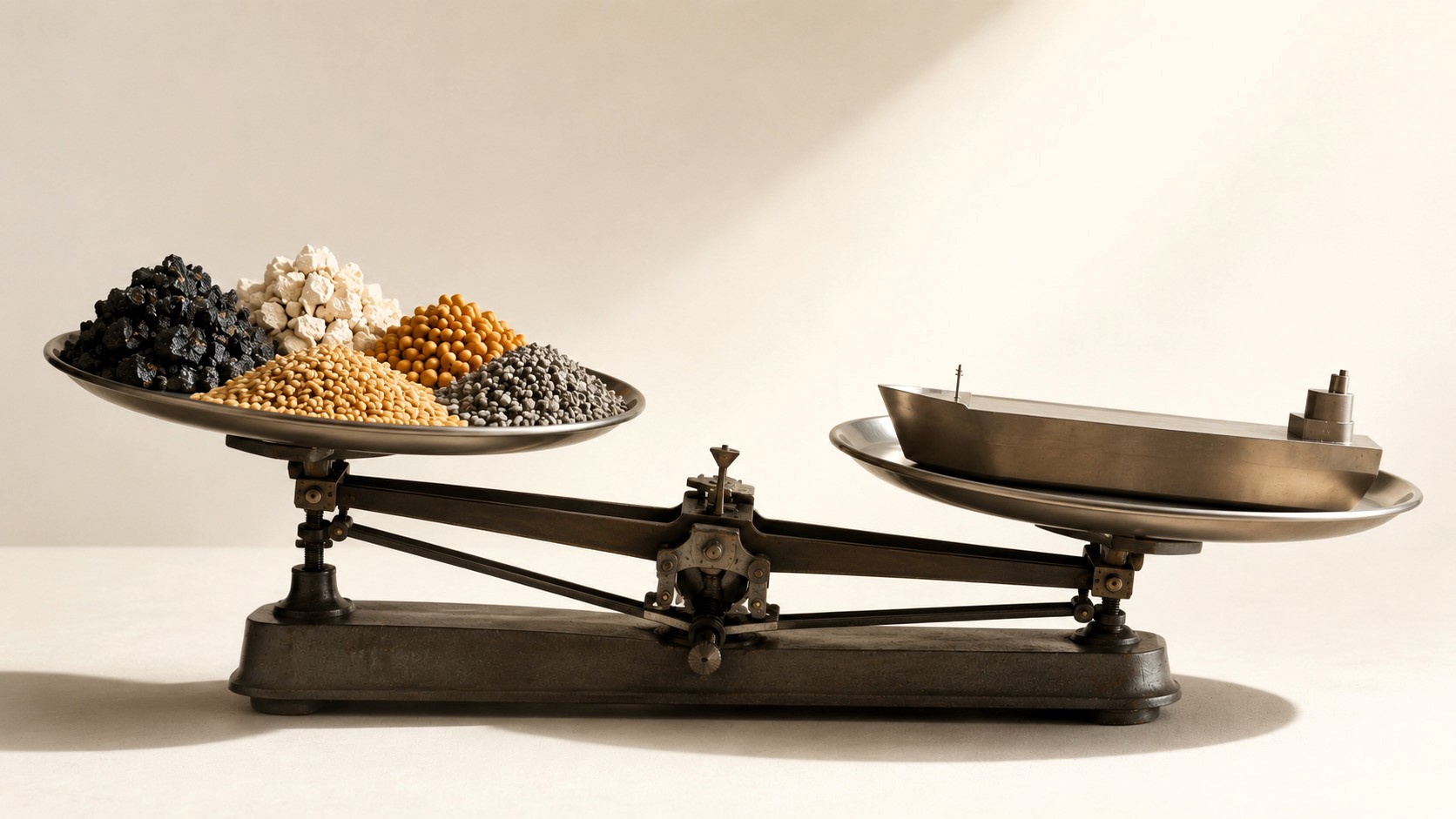 A minimalist editorial image showing a vintage balance scale on a white surface. One side holds distinct piles of nickel ore, bauxite, soybeans, wheat and clinker, while the other supports an abstract metallic dry bulk vessel. The scale tilts slightly toward the vessel side. Soft natural light, clean background and Monocle-style composition