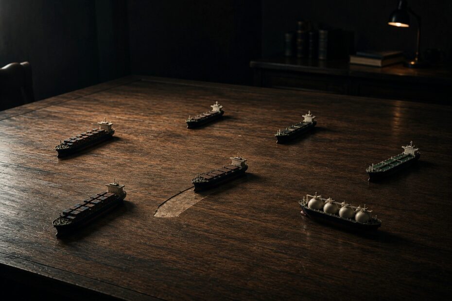 Miniature merchant vessels positioned across a large wooden table in a dimly lit strategic setting, with one vessel appearing recently moved, creating a sense of decision-making, uncertainty and competitive interaction