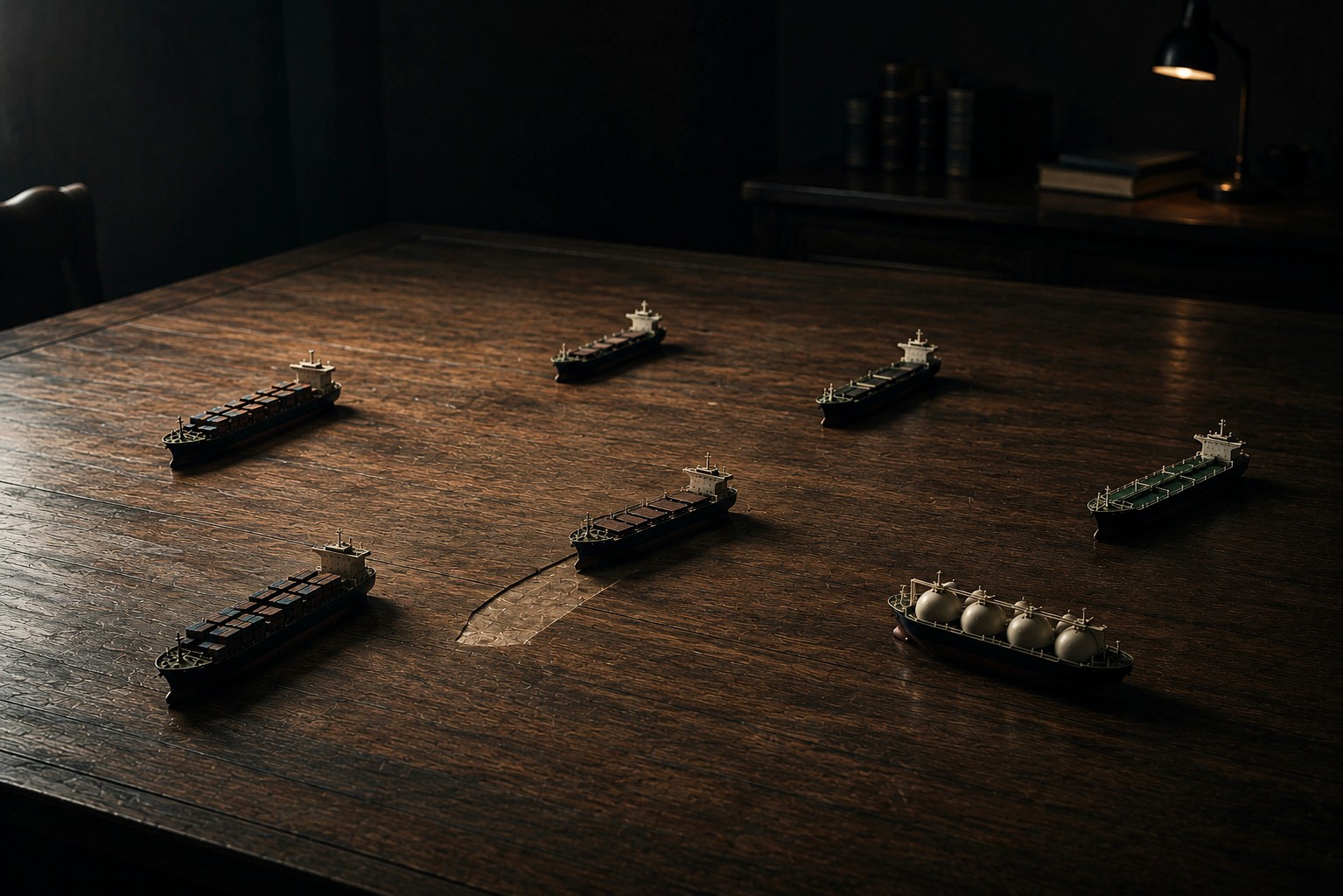 Miniature merchant vessels positioned across a large wooden table in a dimly lit strategic setting, with one vessel appearing recently moved, creating a sense of decision-making, uncertainty and competitive interaction