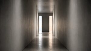 Minimalist architectural corridor viewed in one-point perspective, with two open doorways at the far end illuminated by contrasting natural light, creating a calm and contemplative atmosphere