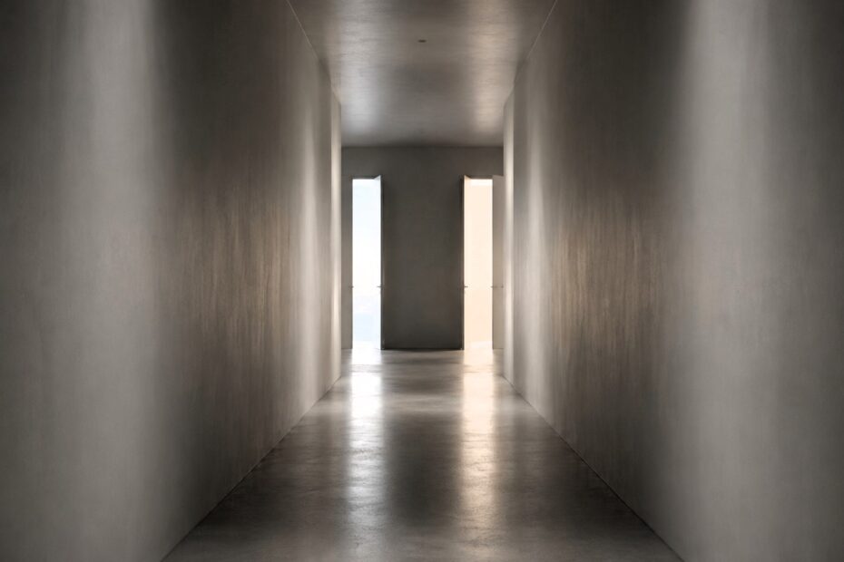 Minimalist architectural corridor viewed in one-point perspective, with two open doorways at the far end illuminated by contrasting natural light, creating a calm and contemplative atmosphere