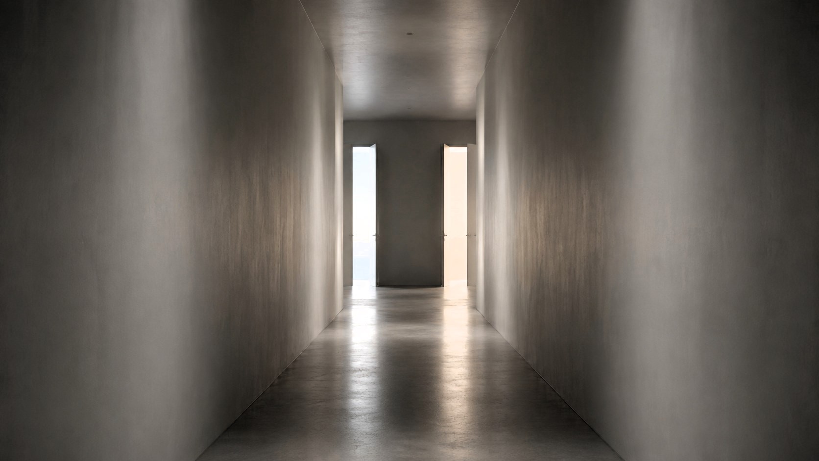 Minimalist architectural corridor viewed in one-point perspective, with two open doorways at the far end illuminated by contrasting natural light, creating a calm and contemplative atmosphere