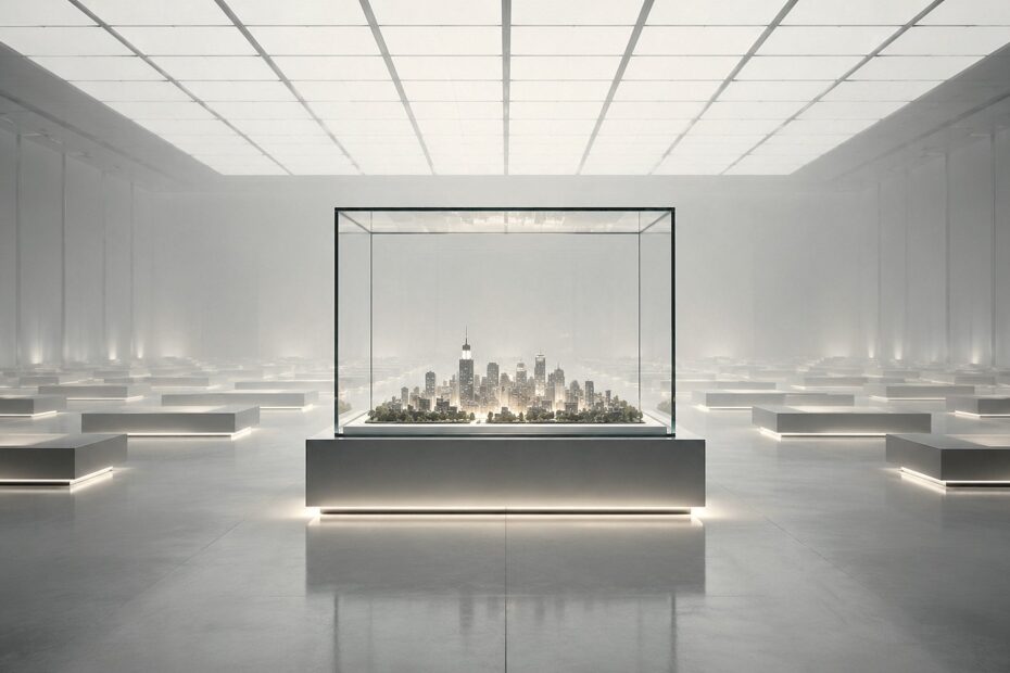 A minimalist museum-like hall displaying a single miniature city inside a glass cube surrounded by empty illuminated pedestals