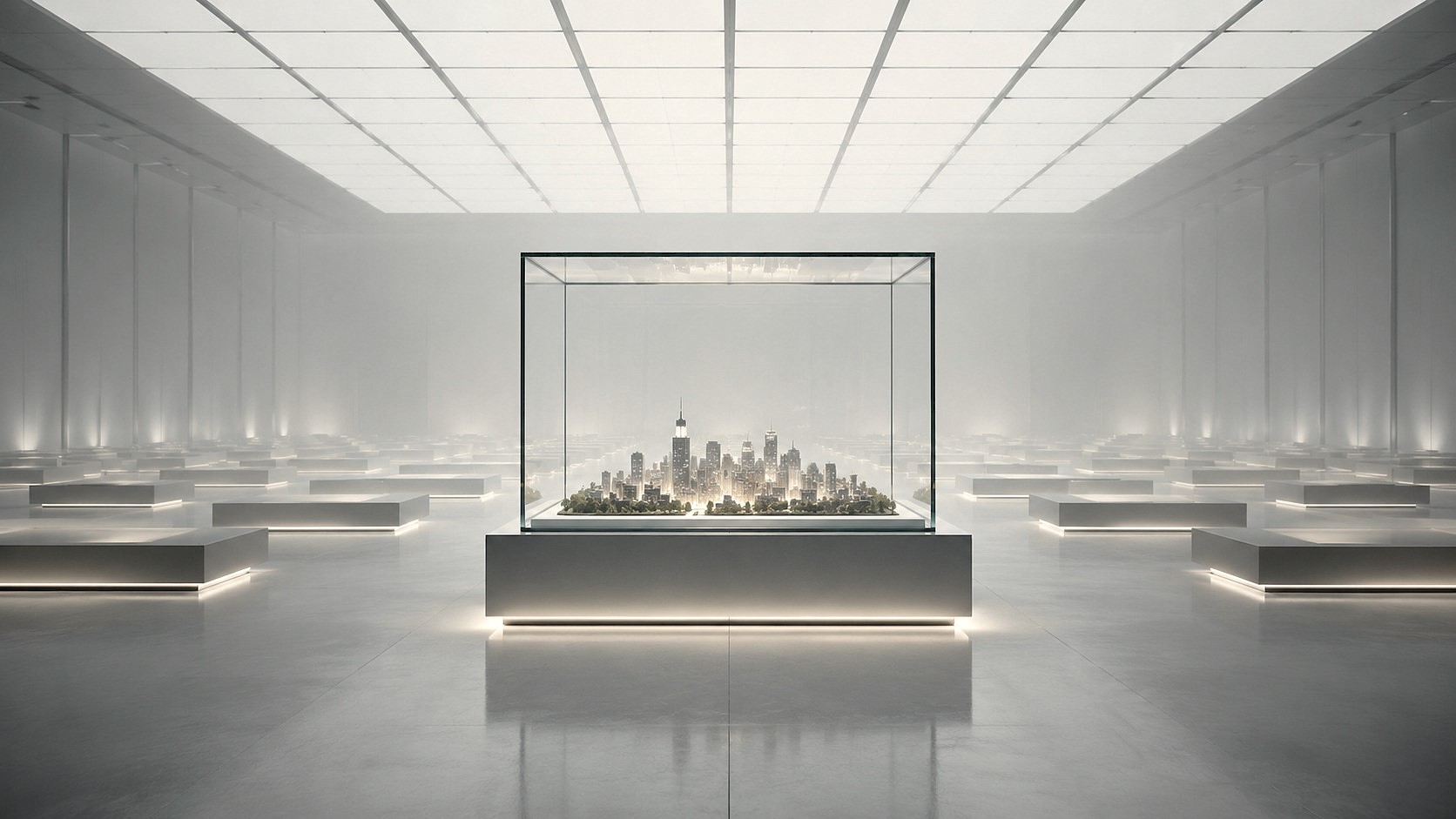 A minimalist museum-like hall displaying a single miniature city inside a glass cube surrounded by empty illuminated pedestals