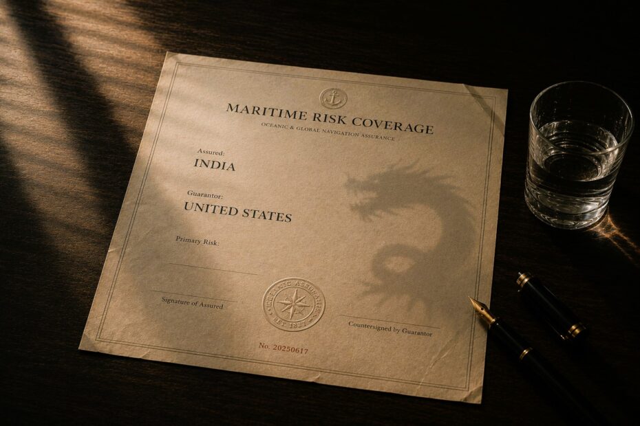 Editorial-style overhead photograph of a maritime insurance document on a dark wooden desk, illuminated by warm light. A faint dragon-shaped shadow falls across the paper, accompanied by a fountain pen and a glass of water, creating a restrained atmosphere of strategic risk and geopolitical uncertainty