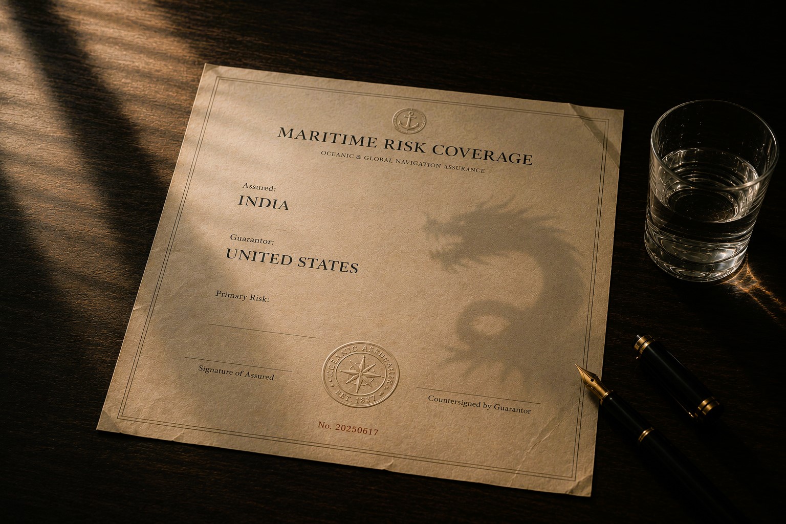 Editorial-style overhead photograph of a maritime insurance document on a dark wooden desk, illuminated by warm light. A faint dragon-shaped shadow falls across the paper, accompanied by a fountain pen and a glass of water, creating a restrained atmosphere of strategic risk and geopolitical uncertainty