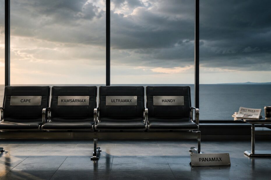 Minimalist airport-style waiting area with four seats labelled Cape, Kamsarmax, Ultramax and Handy, a fallen Panamax plaque on the floor, large windows overlooking a darkening horizon, and a newspaper resting on a nearby table