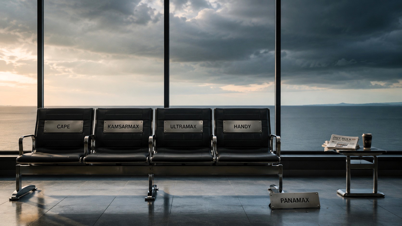 Minimalist airport-style waiting area with four seats labelled Cape, Kamsarmax, Ultramax and Handy, a fallen Panamax plaque on the floor, large windows overlooking a darkening horizon, and a newspaper resting on a nearby table