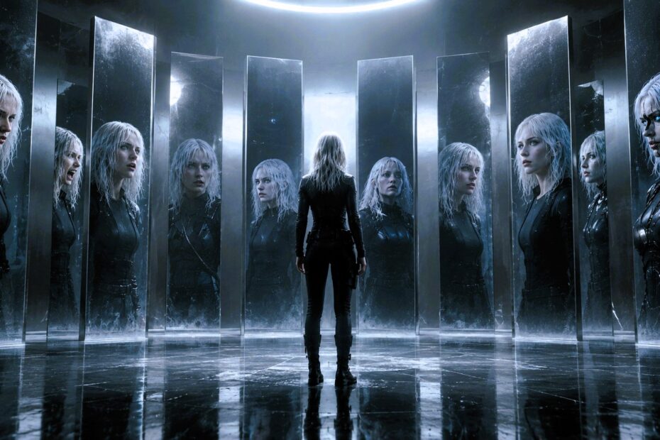Nyra stands among towering reflective panels, surrounded by multiple versions of herself in a vast futuristic chamber