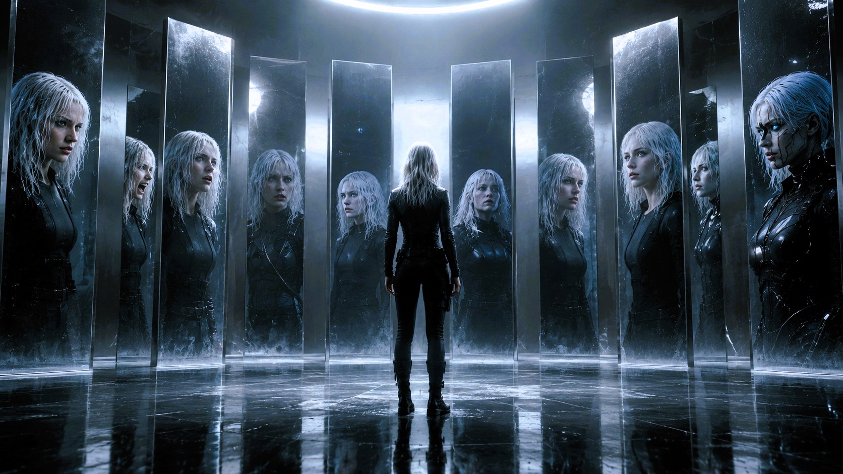 Nyra stands among towering reflective panels, surrounded by multiple versions of herself in a vast futuristic chamber